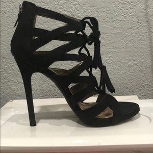 Strapped black lace up heeled sandal